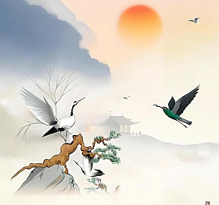 云彩被染成了金黄色,犹如燃烧的火焰,与初升的太阳交相辉映