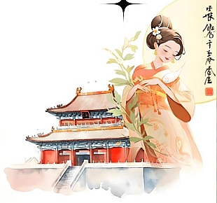 古装美女亭亭玉立,她的衣着华丽,头饰繁复,显得雍容华贵